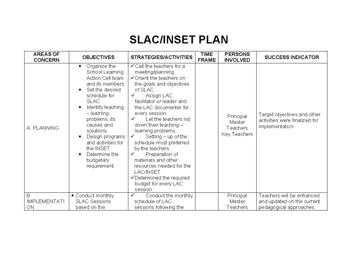 Action Plan for SLAC Implementation and Objectives - Studocu