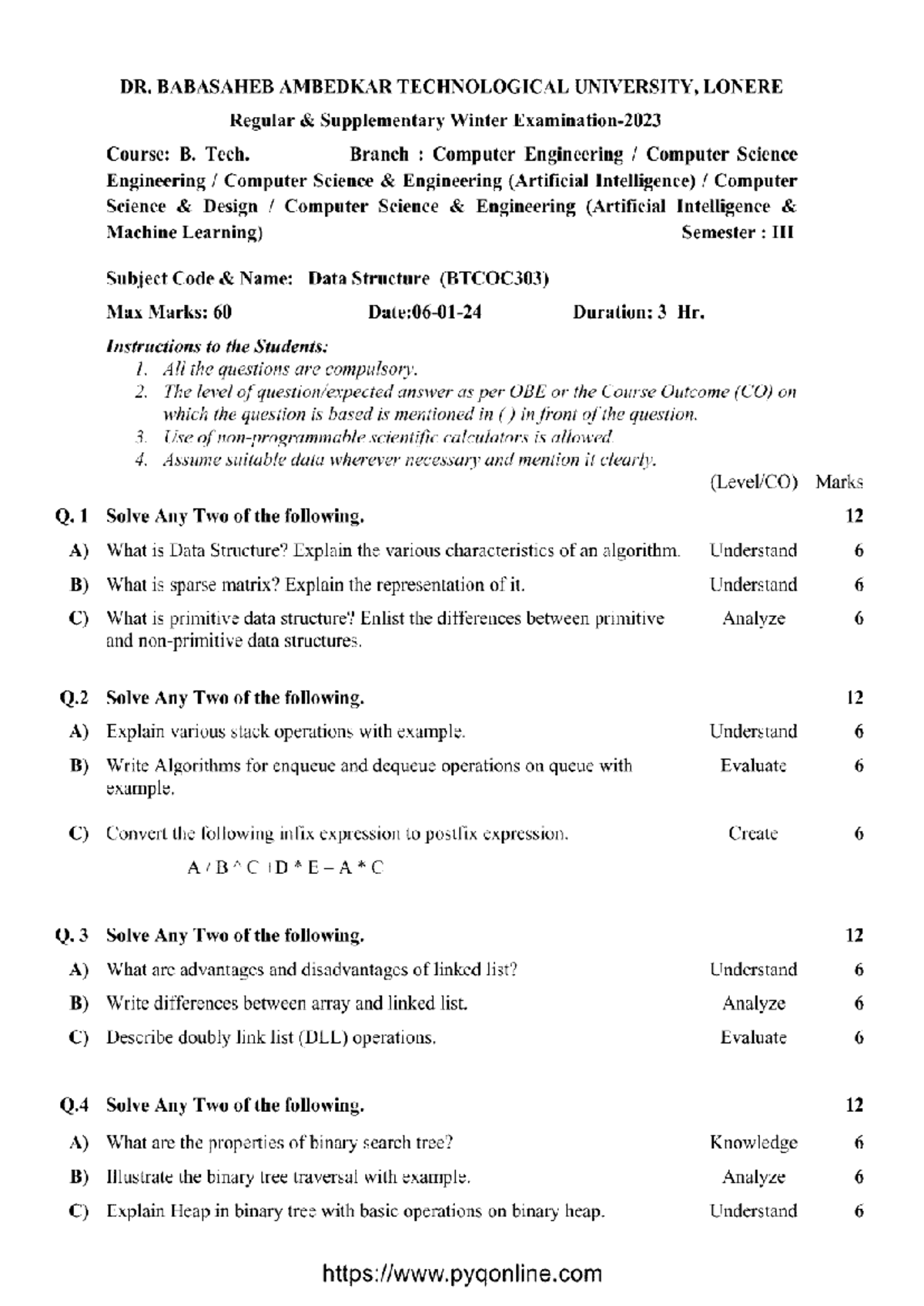 B. Tech. 3rd Sem Data Structure Exam Notes (BTCOC303) Jan 2024 - Studocu