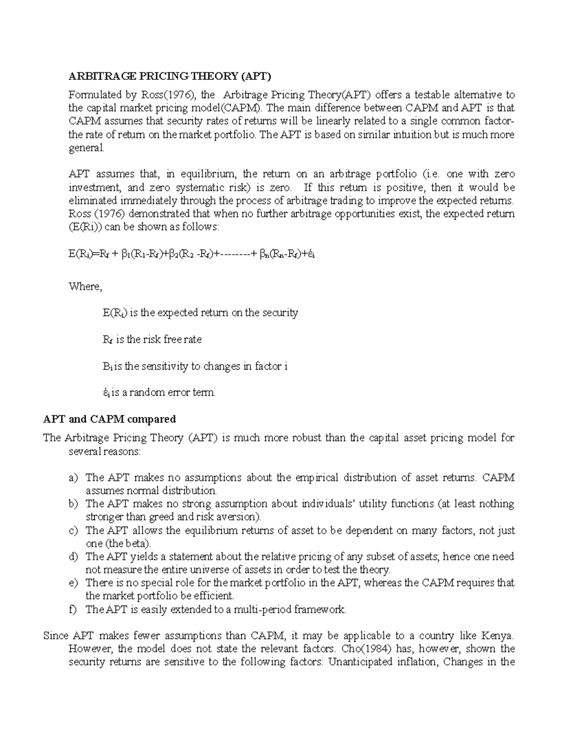 Arbitrage Pricing Theory (APT) Explained: Key Comparisons & Applications -  Studocu