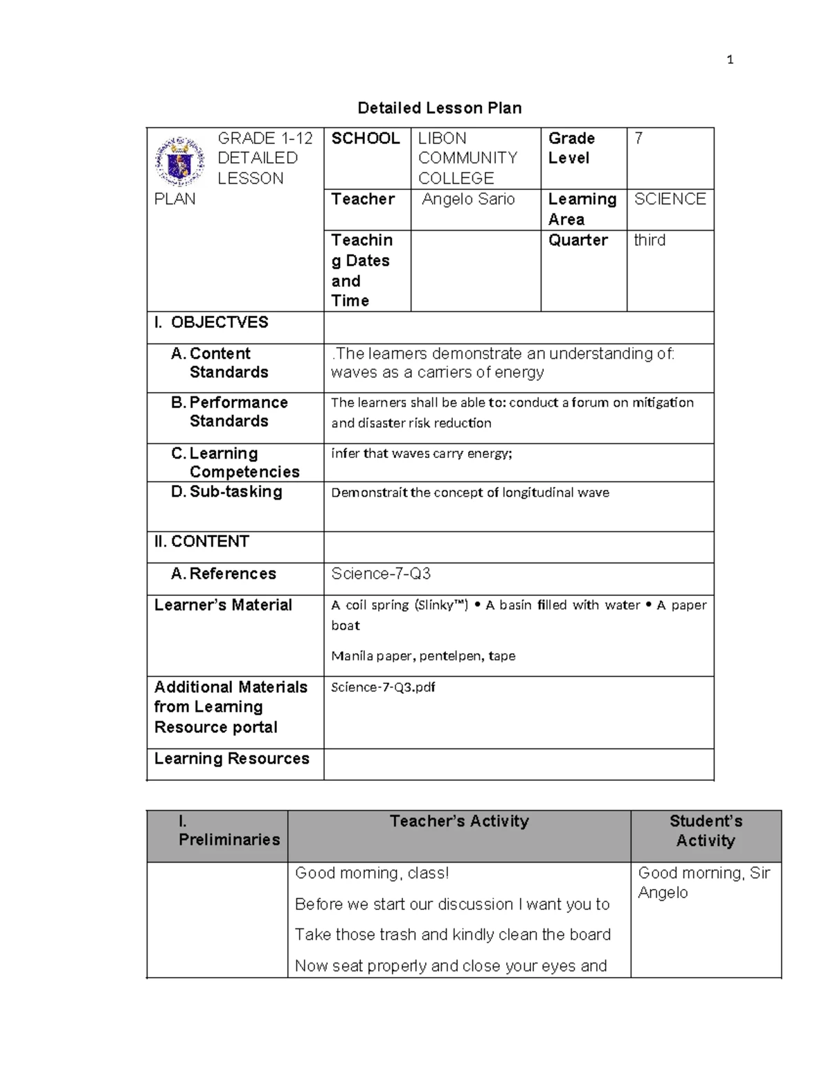 Grade 7 Science Lesson Plan on Sound for March 6, 2024 - Studocu