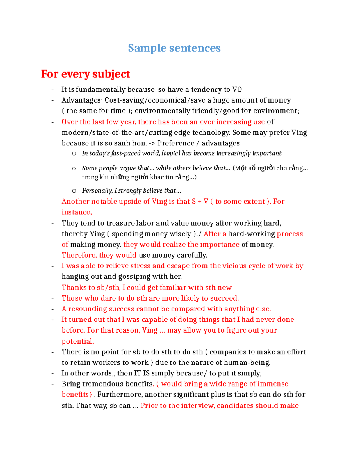 Sample Sentences for Writing Practice - Luyện Writing - Studocu