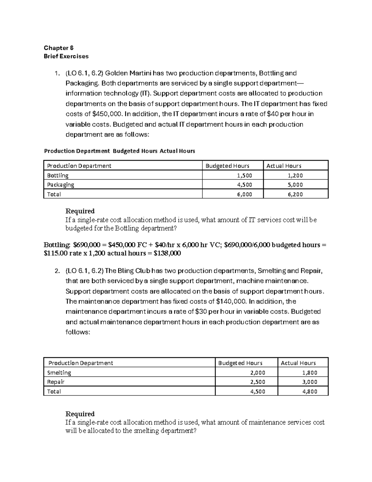 Chapter 6 Solutions: Cost Allocation Exercises (LO 6.1, 6.2, 6.3, 6.4 ...