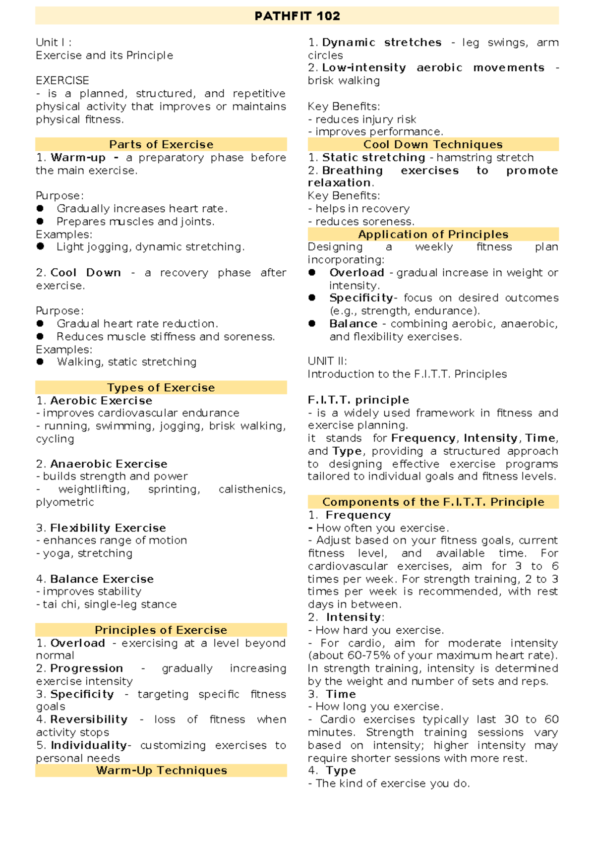 PATHFIT 102 - Principles of Exercise & F.I.T. Approach Overview - Studocu