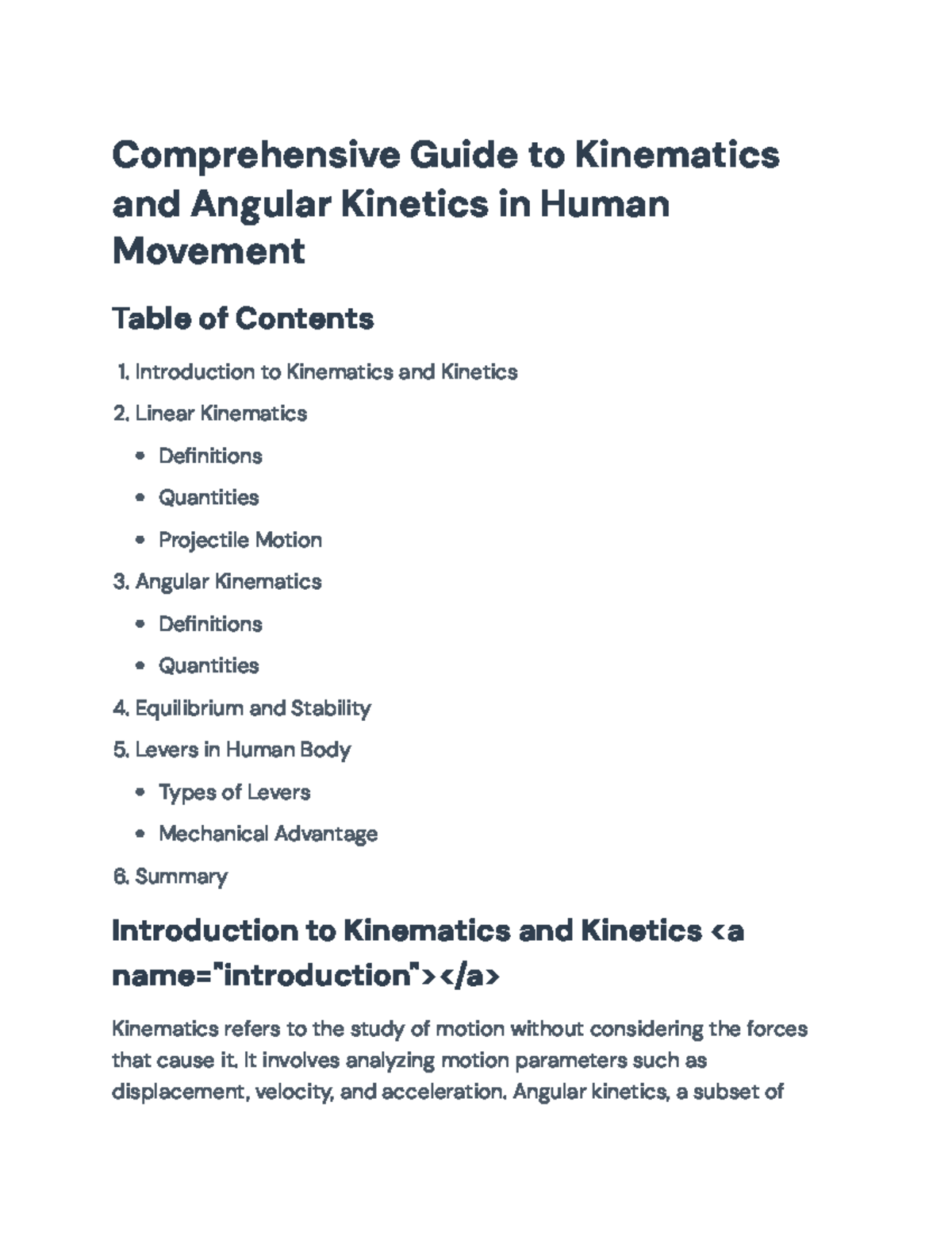 Comprehensive Guide to Kinematics and Angular Kinetics (Course Code ...