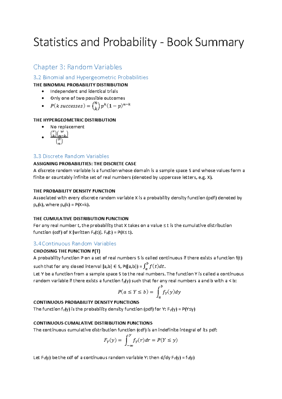 Introduction to Mathematical Statistics: Summary of Statistics Concepts ...