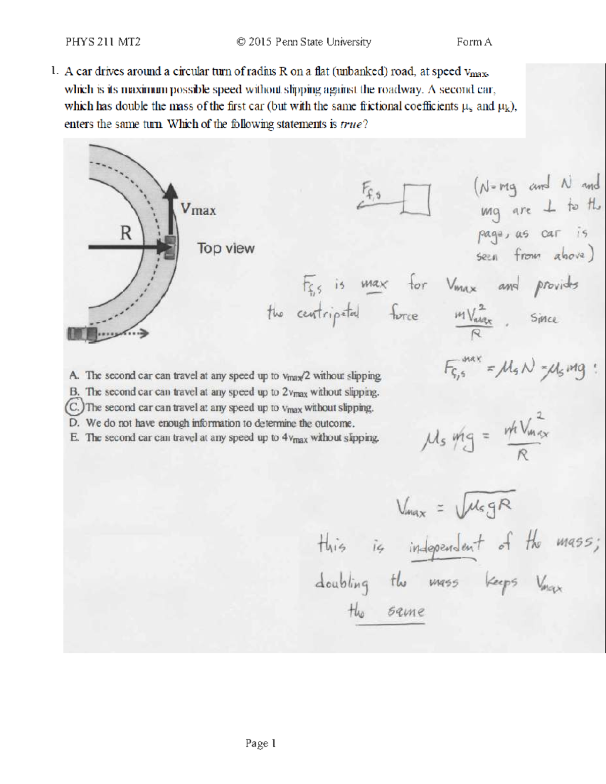 PHYS 211 MT2 2015 Sample Exam Solutions at Penn State University - Studocu