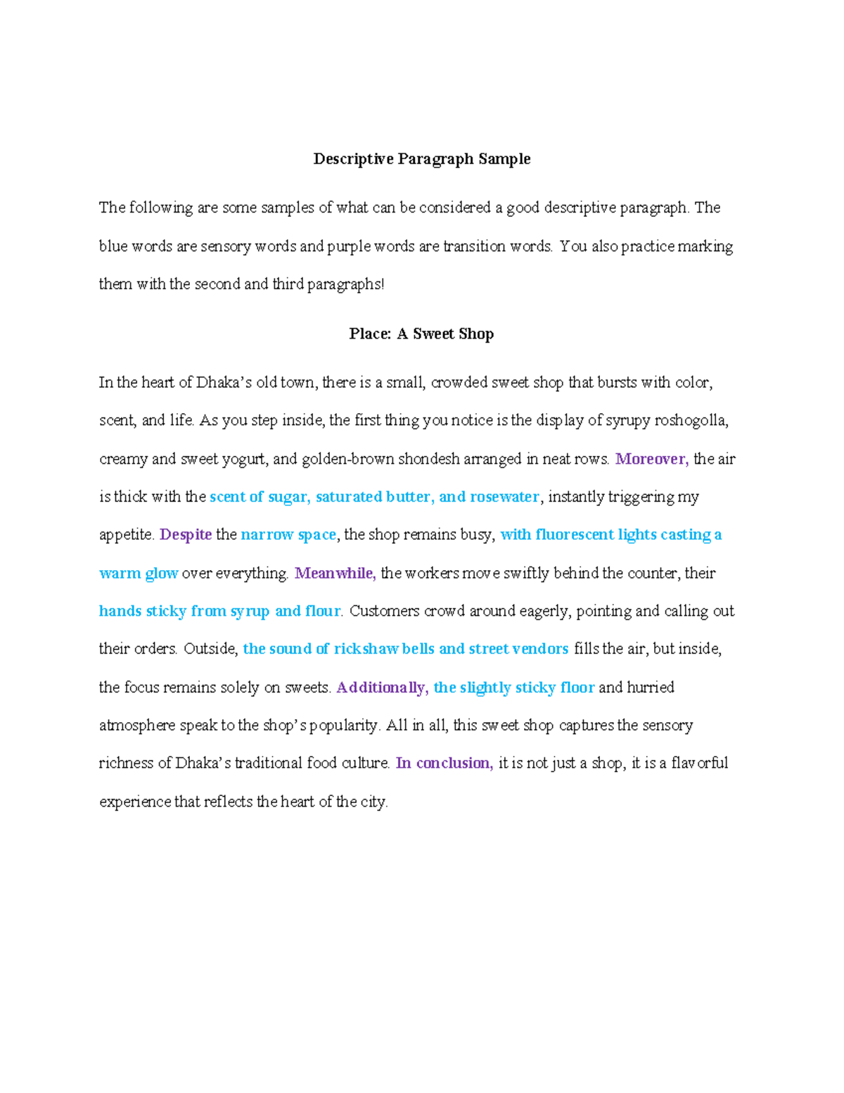 Descriptive Paragraph Samples for Writing Skills (ENG101) - Studocu