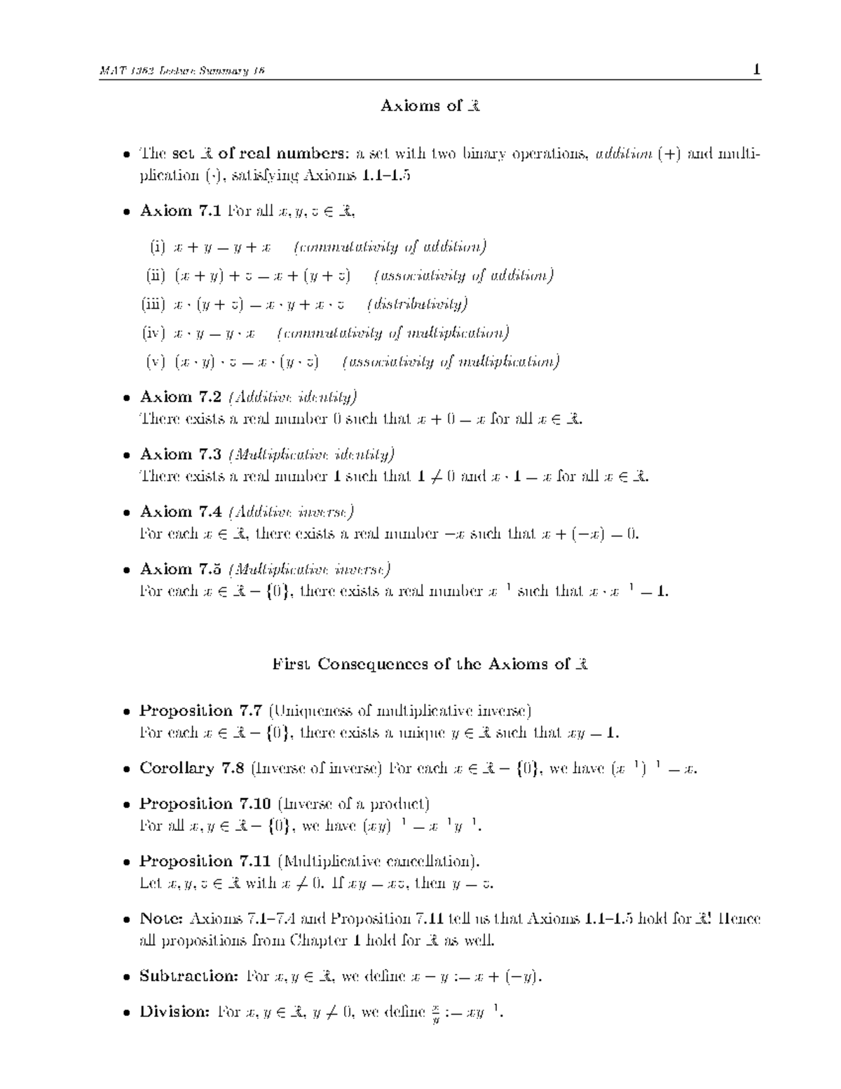 MAT 1362 Lecture Summary: Axioms of R and Their Consequences - Studocu