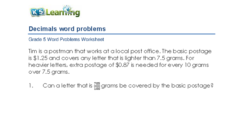 Grade 5 Decimals Word Problems Worksheet (705) - Studocu