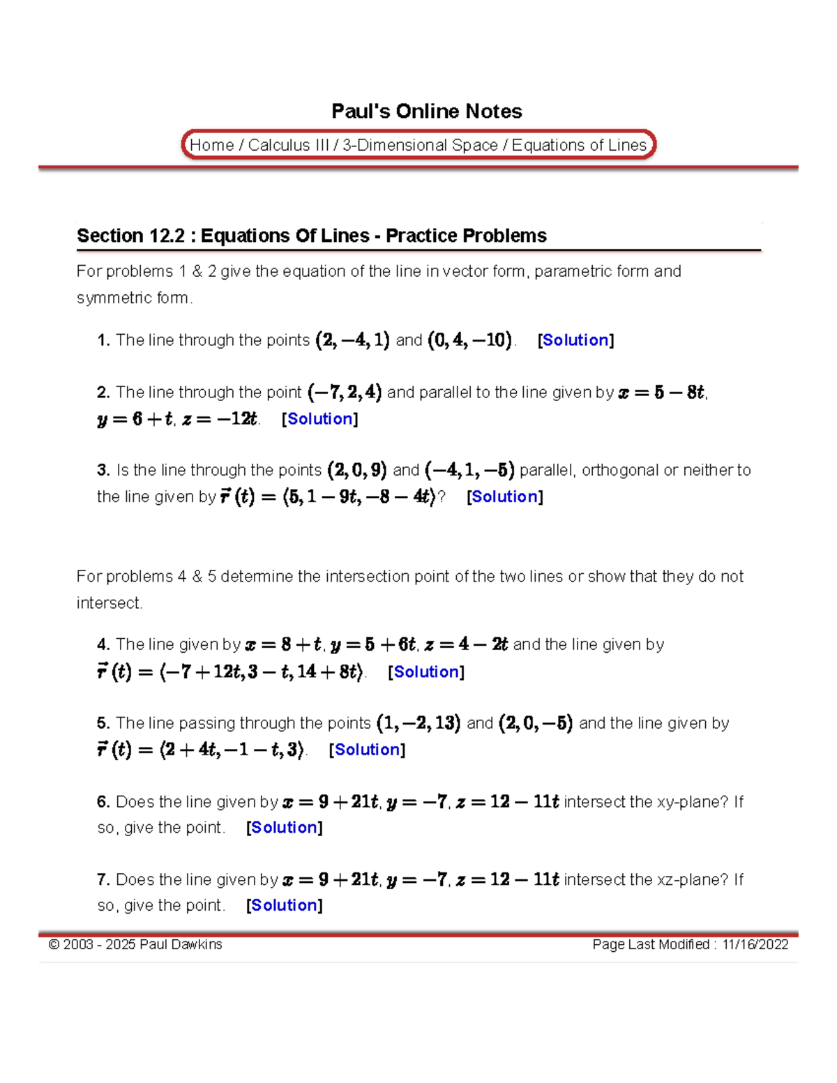 Calculus III HW 34: Equations of Lines - Practice Problems - Studocu
