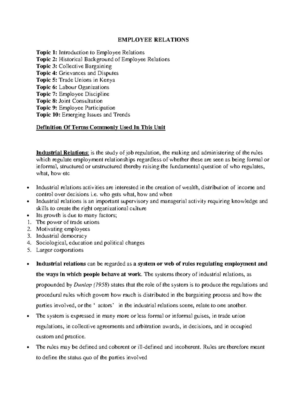 EMPLOYEE RELATIONS - Revision Notes for Course ER101 - Studocu