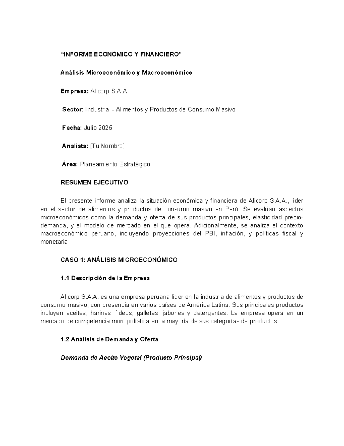 ECON 101: Análisis Micro y Macroeconómico de Alicorp S.A.A. - Document Preview