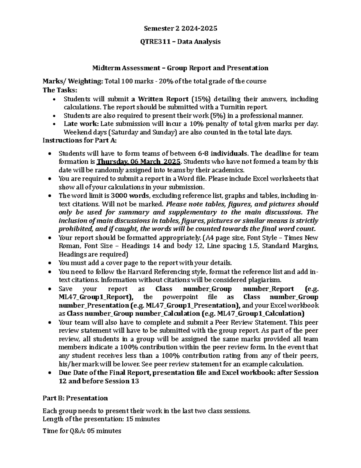 QTRE311 Data Analysis Midterm Group Report & Presentation Guidelines ...