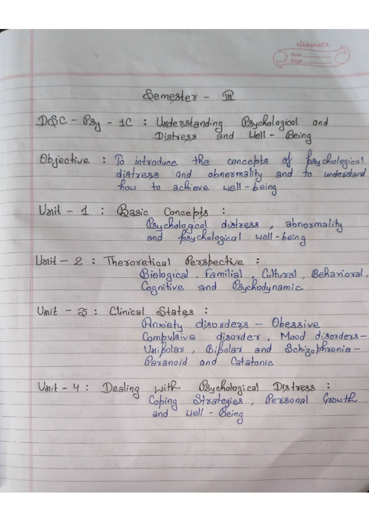 Abnormal psychology notes - classmate Date Page Semester DSC Psy 1C ...