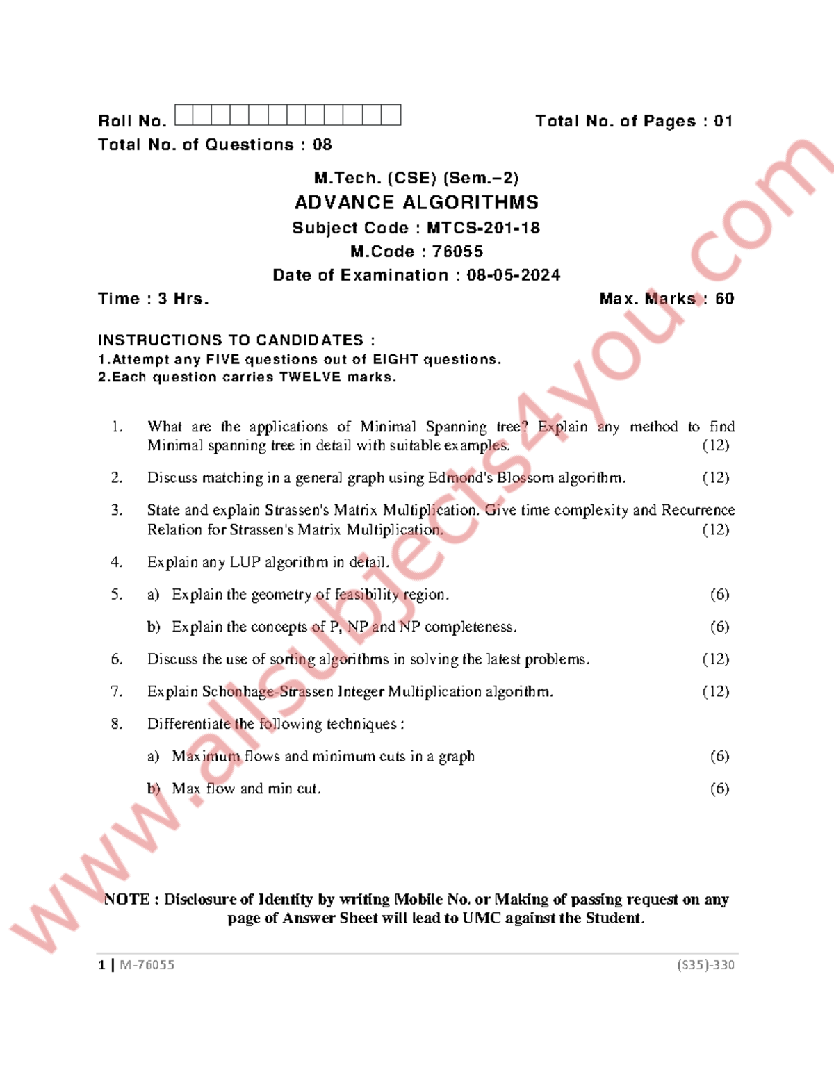 M.Tech. (CSE) M.Code: 76055 Advance Algorithms Exam Paper - SEM 2 - Studocu