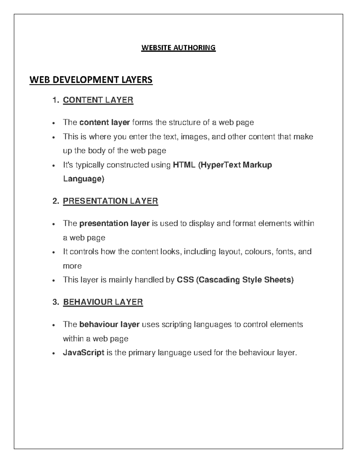 WEB DEV LAYERS 1: CONTENT, PRESENTATION & BEHAVIOUR - Studocu