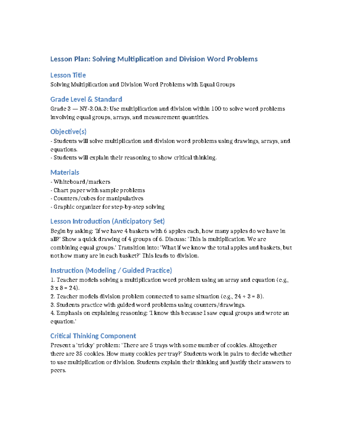 Grade 3 Lesson Plan: Solving Multiplication & Division Word Problems ...