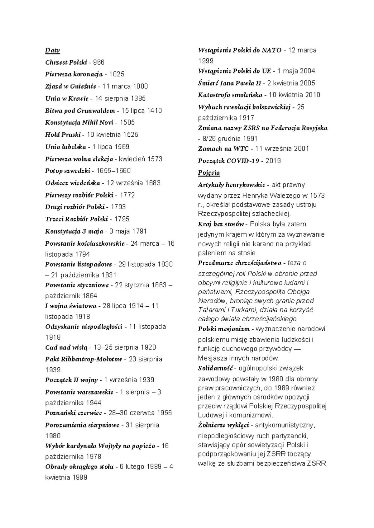 Daty najważniejsze w historii Polski - Kluczowe wydarzenia - Studocu