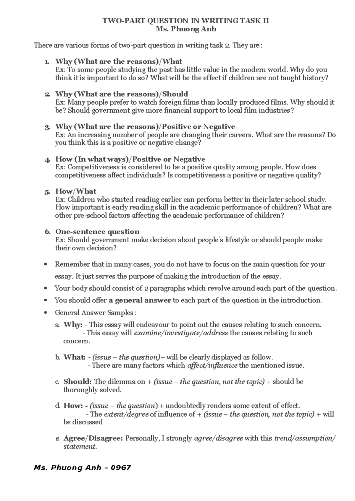 Writing Task II Framework: Two-Part Questions (Ms. Phuong Anh) - Studocu