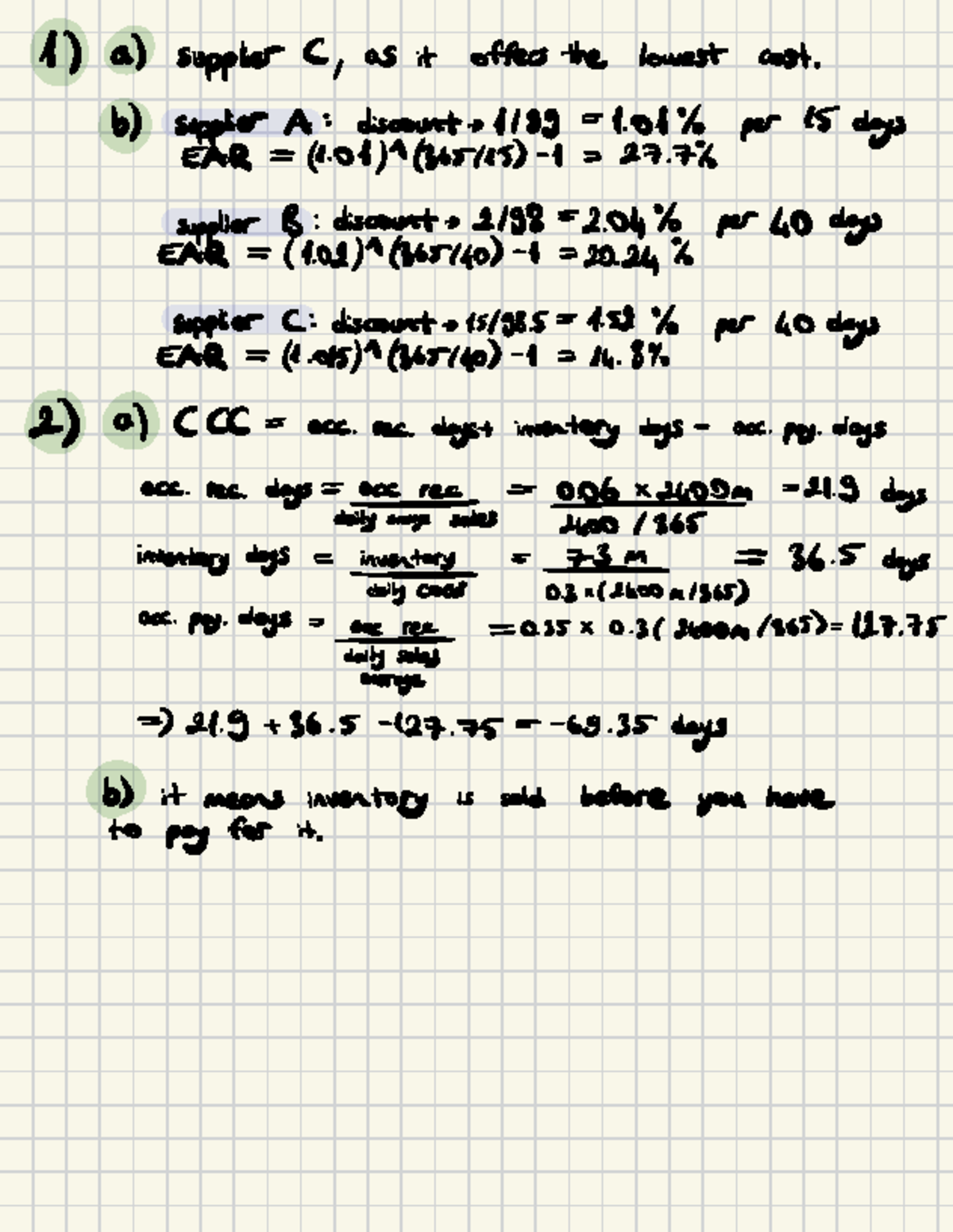 Finance Homework: Supplier Cost Analysis and CCC Calculation - Studeersnel