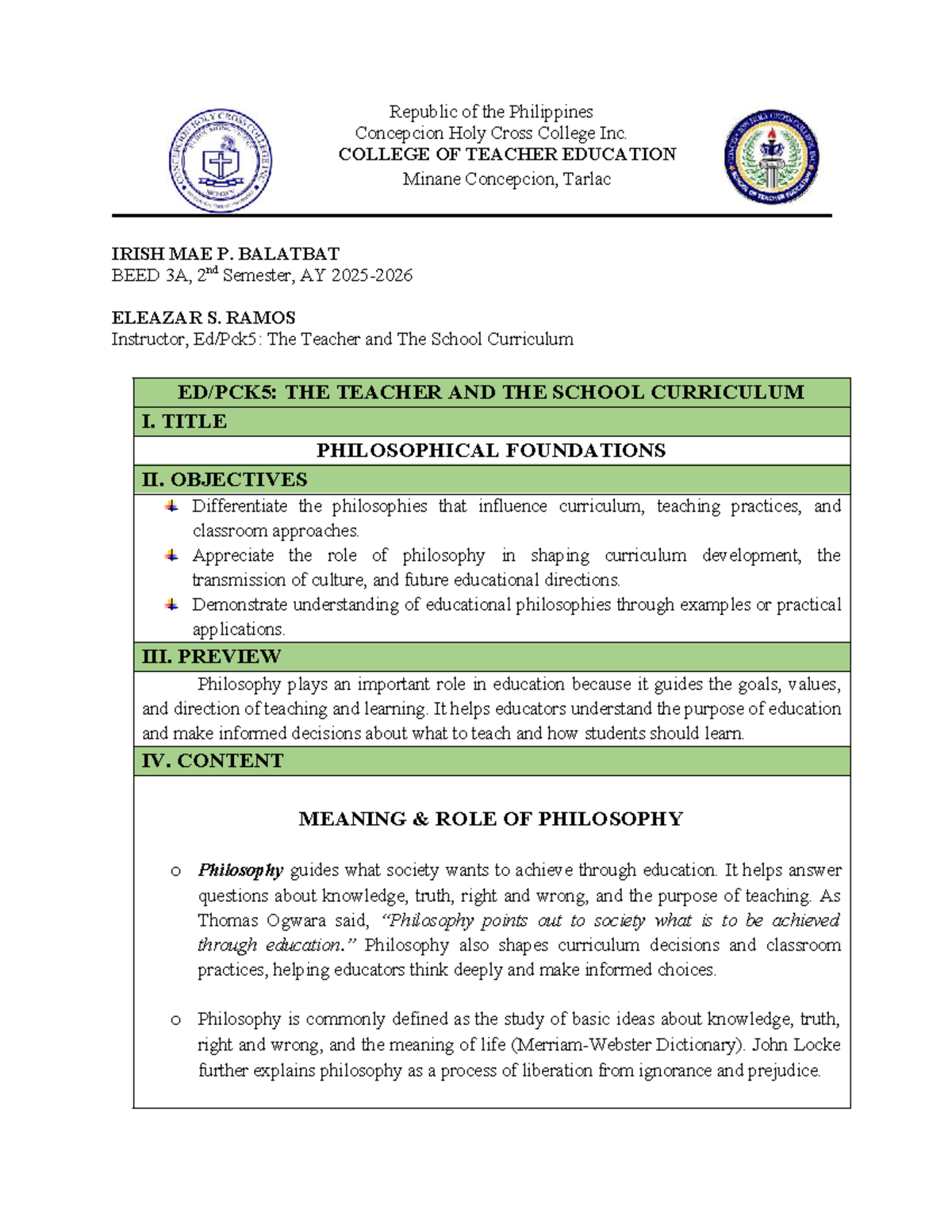 BEED 3A: Philosophical Foundations of Curriculum Development - Studocu