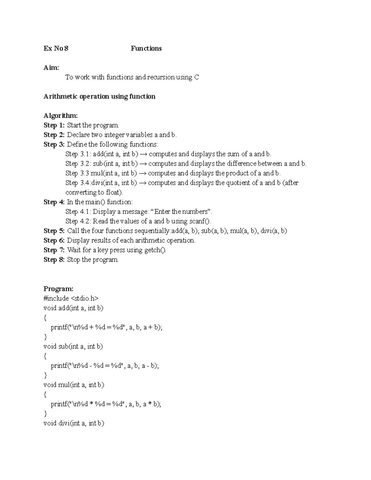 Ex No 8: Functions & Recursion in C Programming - Studocu