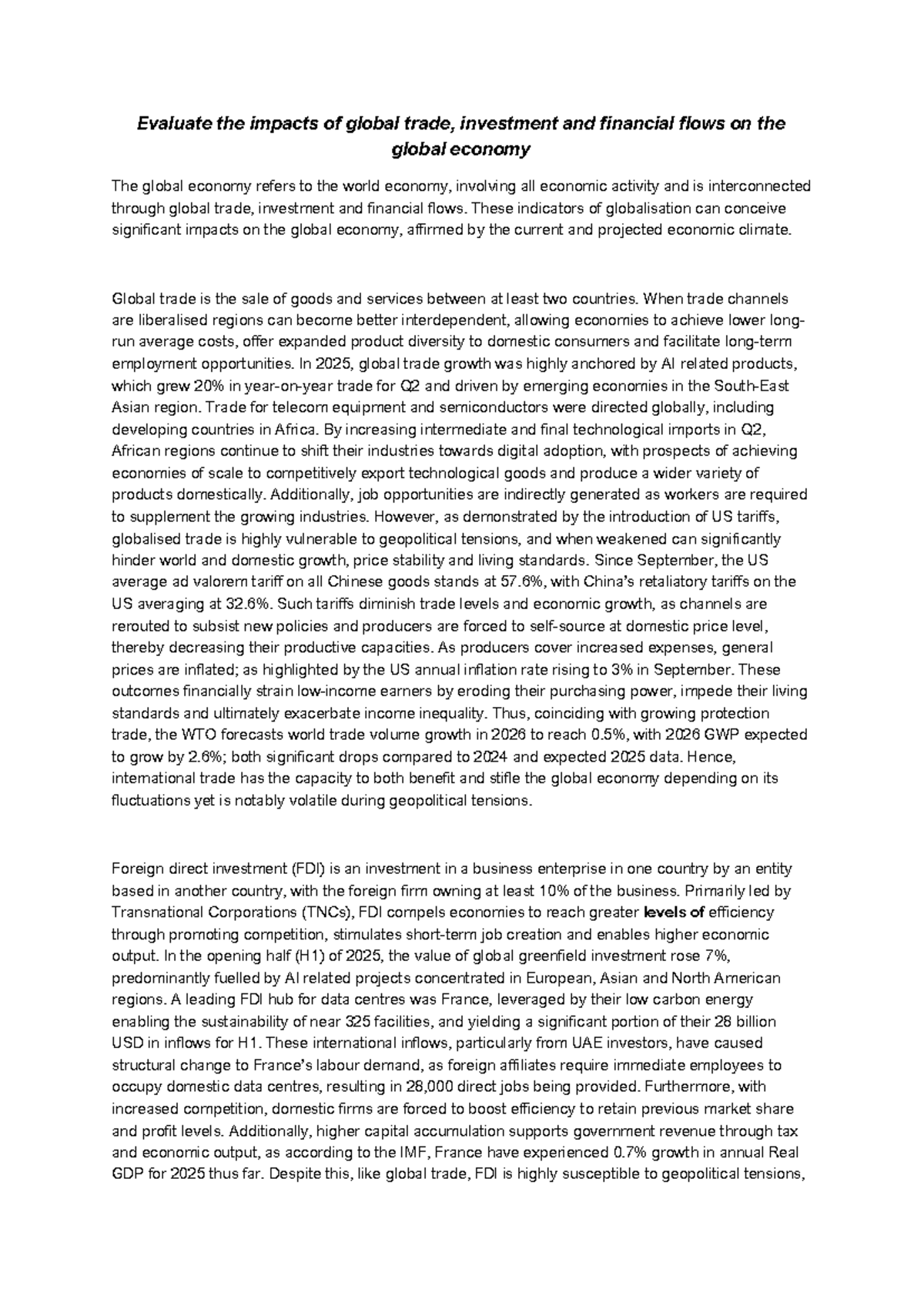 Impacts of Global Trade & FDI on the Economy - Economics Assessment T4 ...