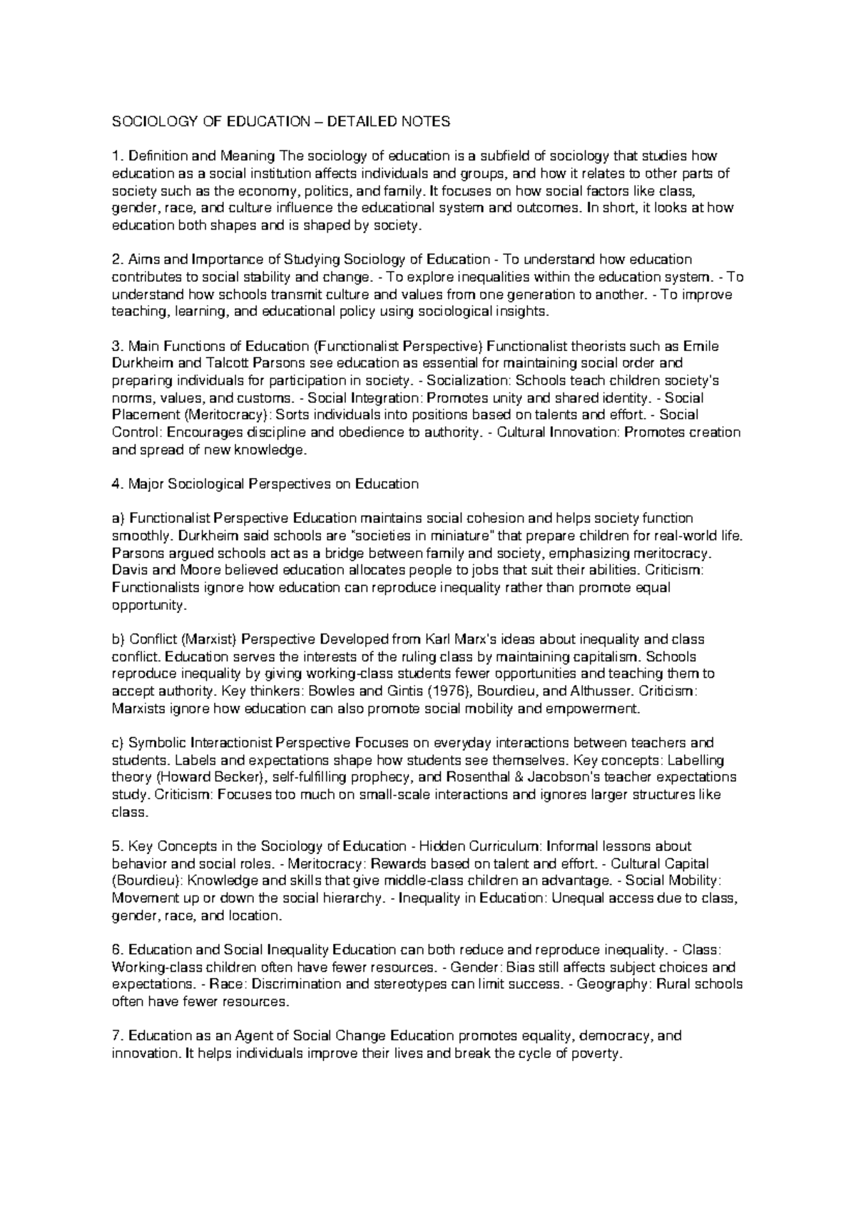 SOCIOLOGY OF EDUCATION (SOC 101) DETAILED STUDY NOTES - Studocu