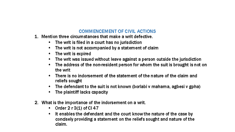 Civil Procedure Short Questions & Answers (CIV 101) - Studocu