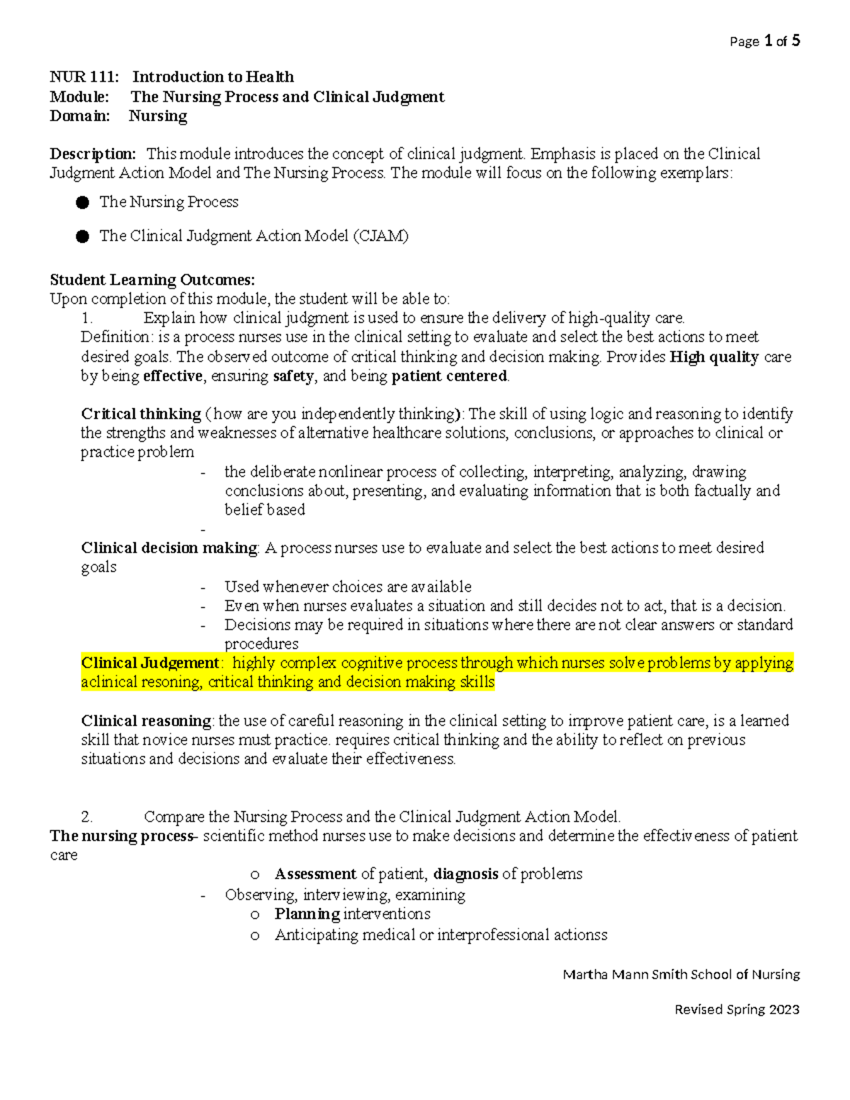 NUR 111: Clinical Judgment - Understanding the Nursing Process & CJAM ...