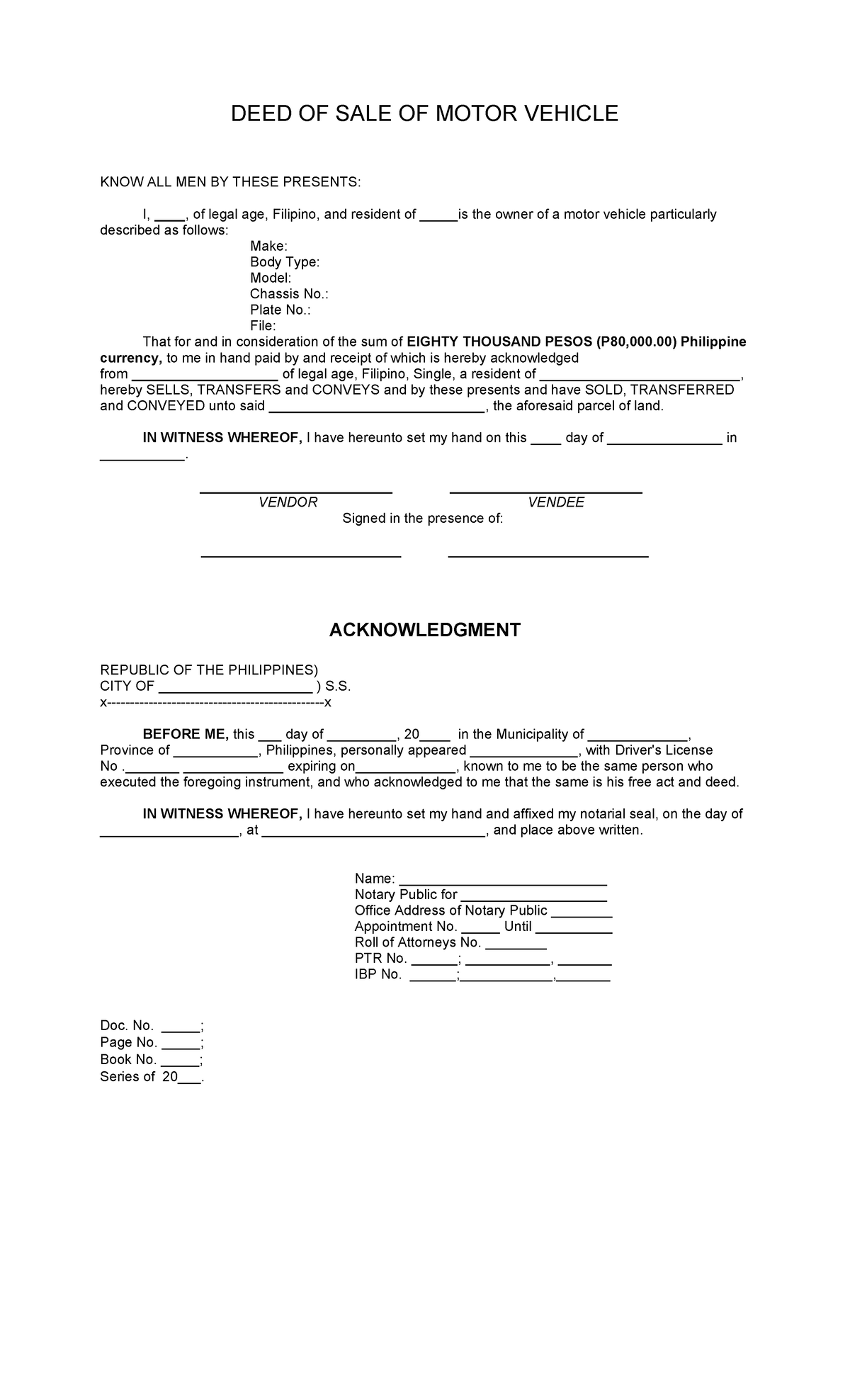 DEED OF SALE OF MOTOR VEHICLE: LEGAL DOCUMENT TEMPLATE - Studocu