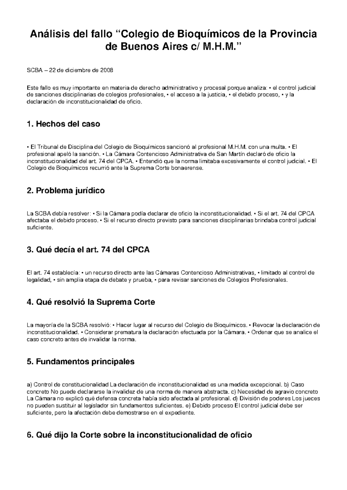 Análisis del Fallo SCBA sobre el Colegio de Bioquímicos - Studocu