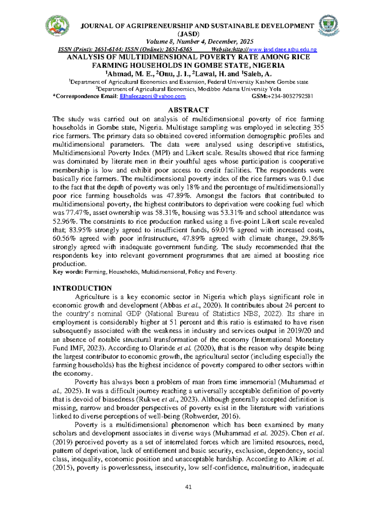 Analysis of Multidimensional Poverty Among Rice Farmers in Gombe State ...