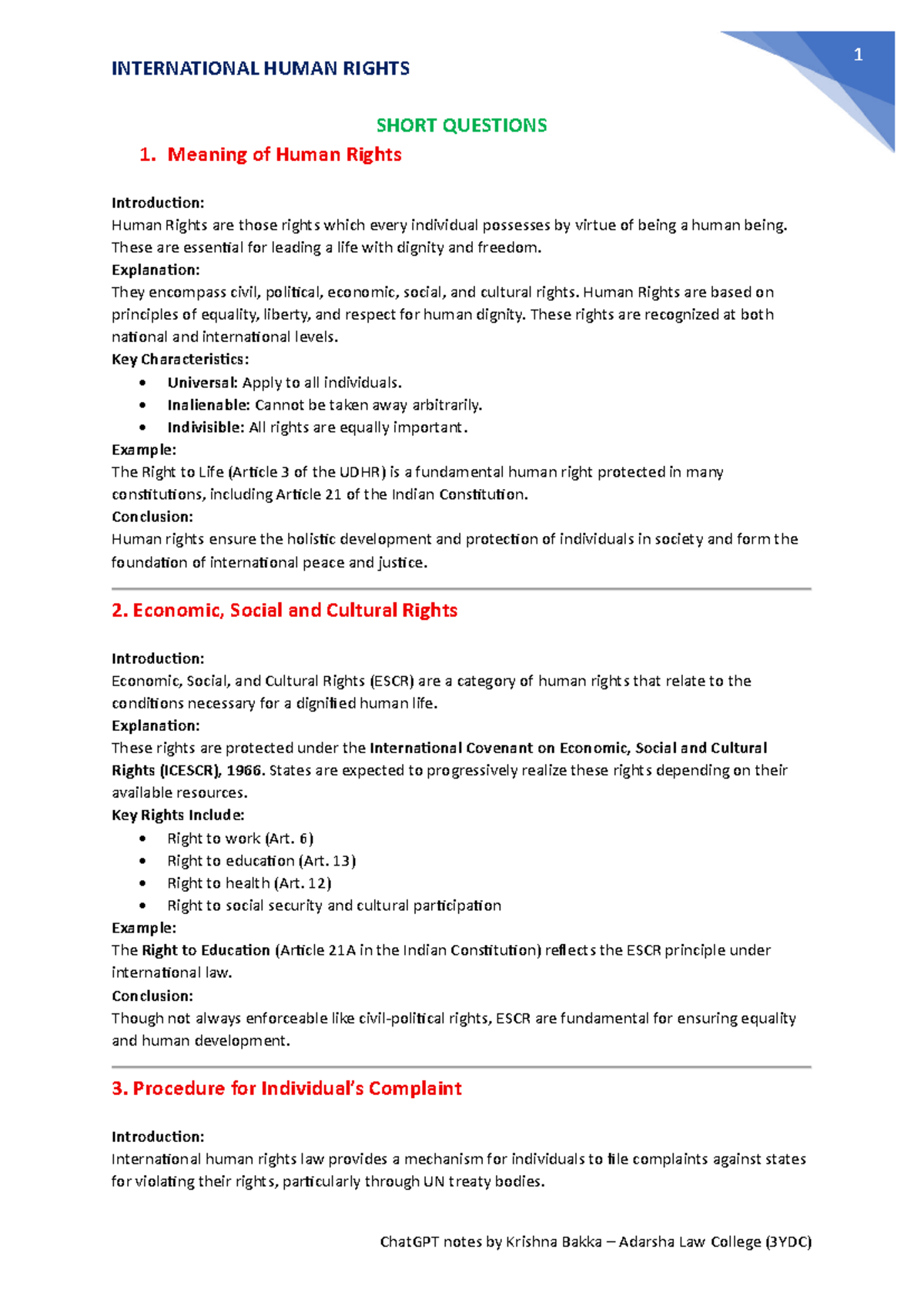 IHR - LLB 3YDC VI SEM - Comprehensive Notes on International Human ...