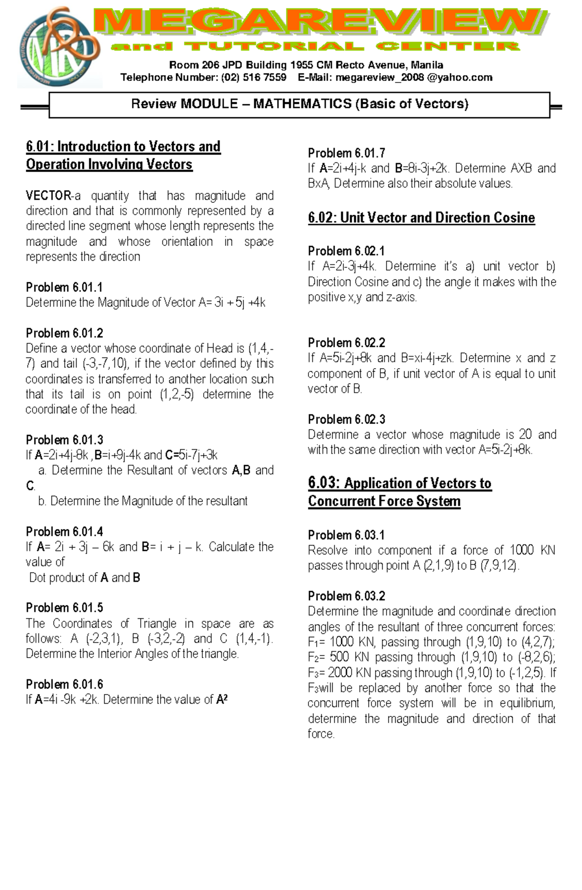 Review Module 6: Space Analytic Geometry & Vectors - Part 1 - Studocu