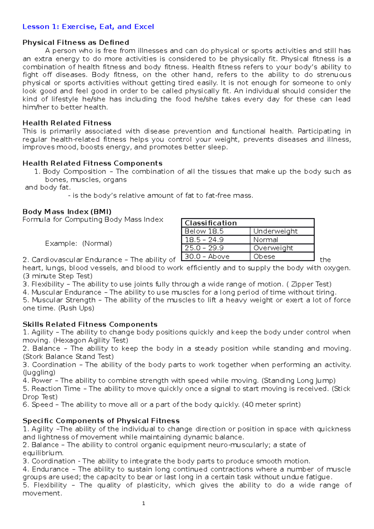 HOPE fact sheets - Physical Education 1 - Lesson 1: Exercise, Eat, and ...