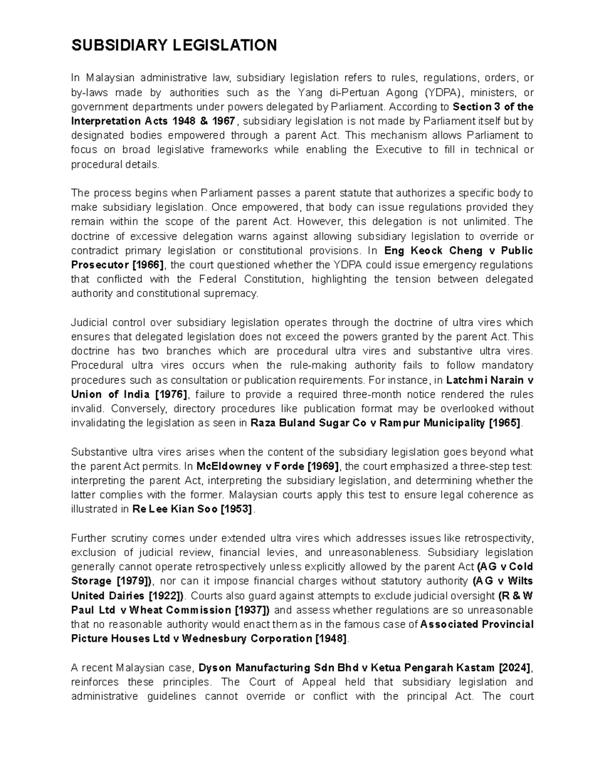 SUBSIDIARY LEGISLATION IN MALAYSIAN ADMINISTRATIVE LAW - Studocu