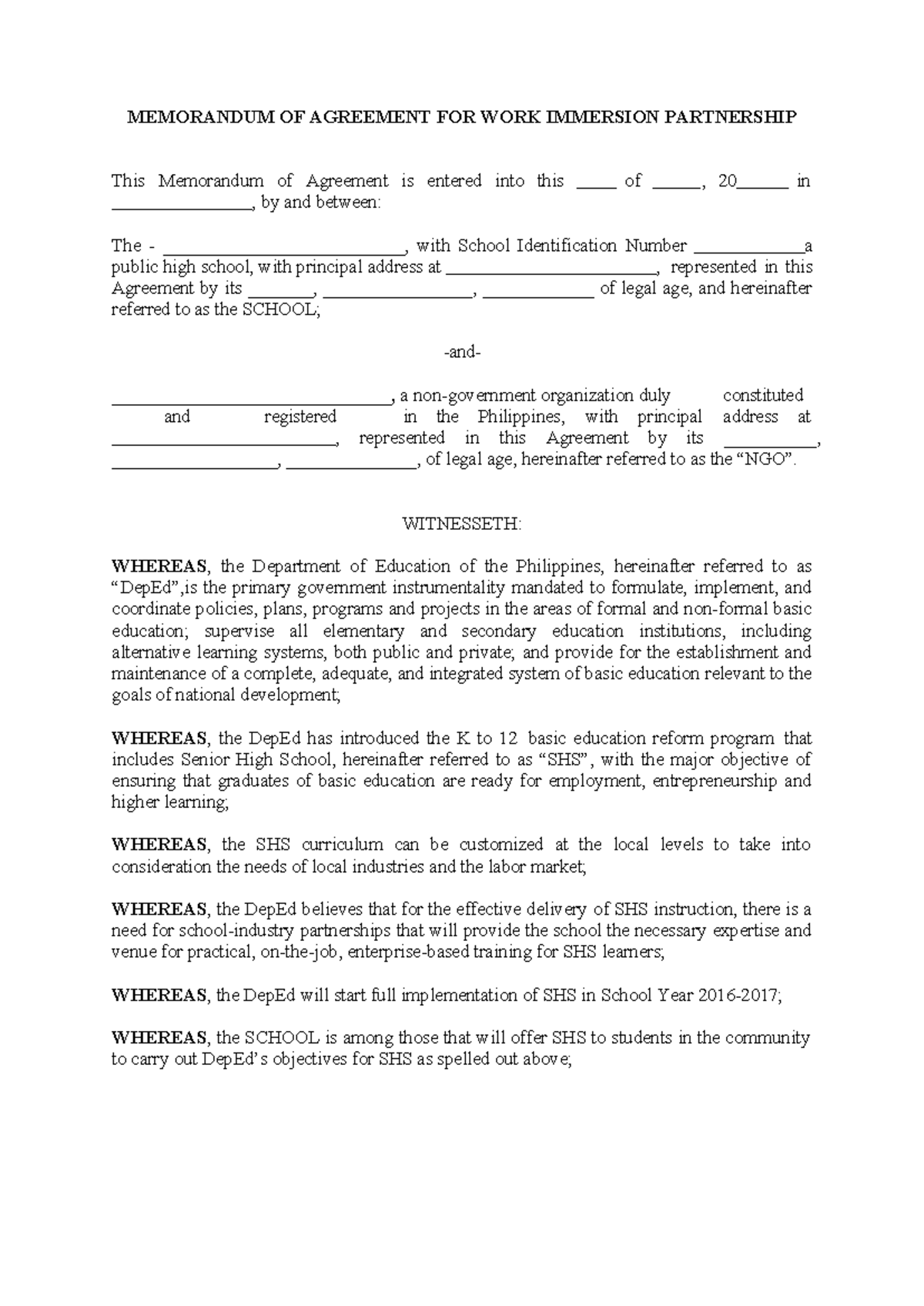 MOA Template for Work Immersion Partnership - NGO & High School ...