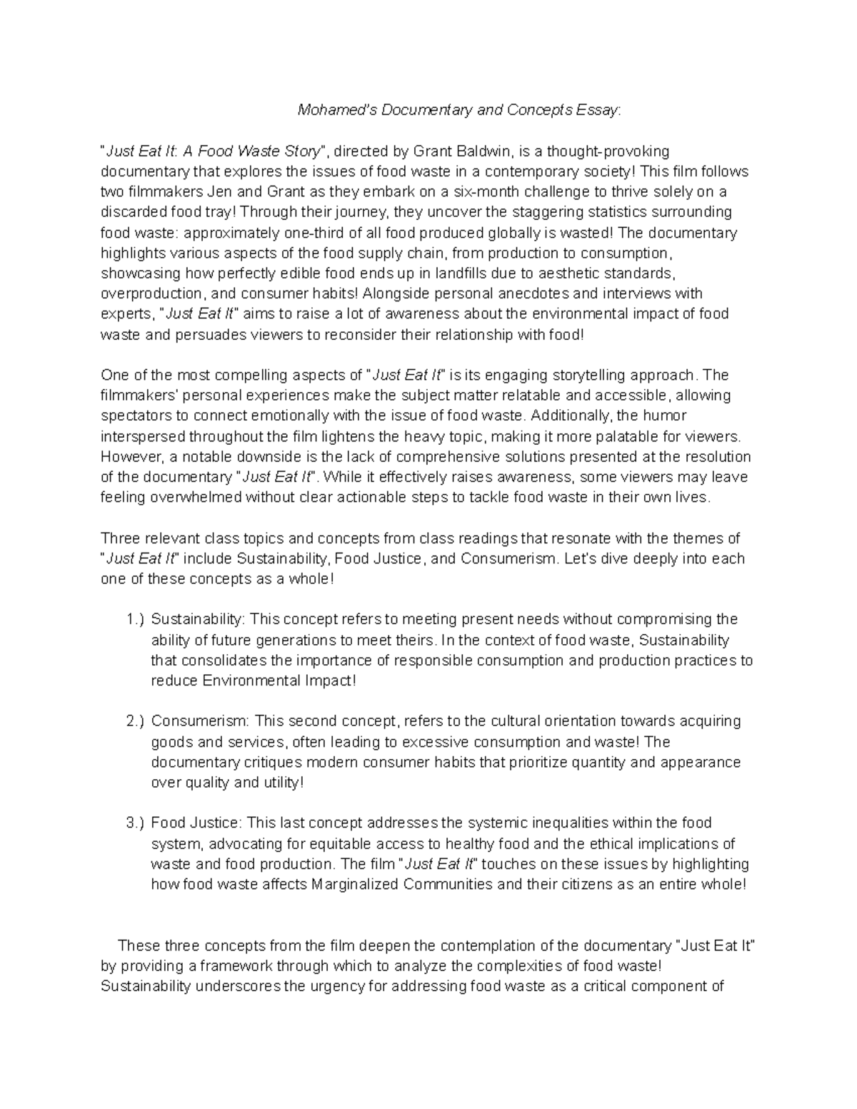 ENV 101: Documentary & Concepts Essay on Food Waste in "Eat It" - Studocu