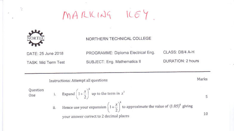 D8-4 Eng. Math Mid-Term Test Marking Key 2018-1 - Studocu