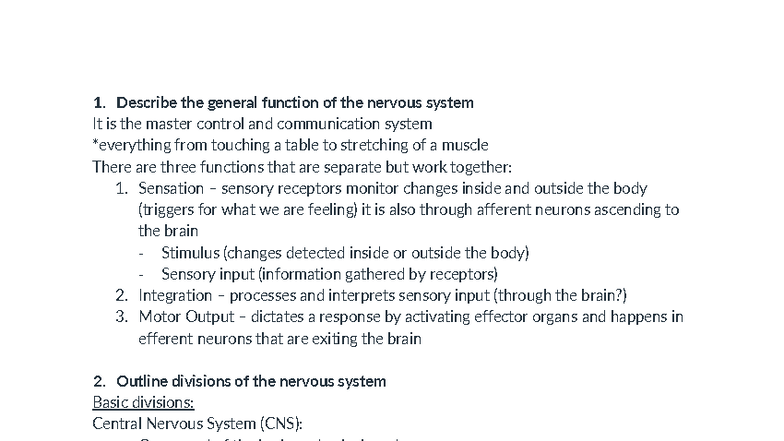 Nervous System Overview and Function - NS101 - Studocu