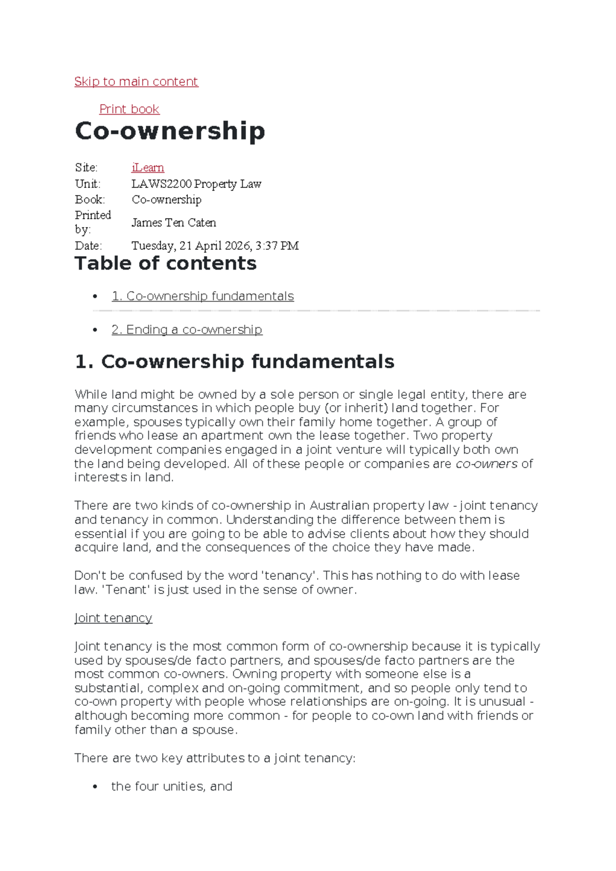 LAWS2200 Co-Ownership in Property Law: Joint Tenancy vs Tenancy in ...