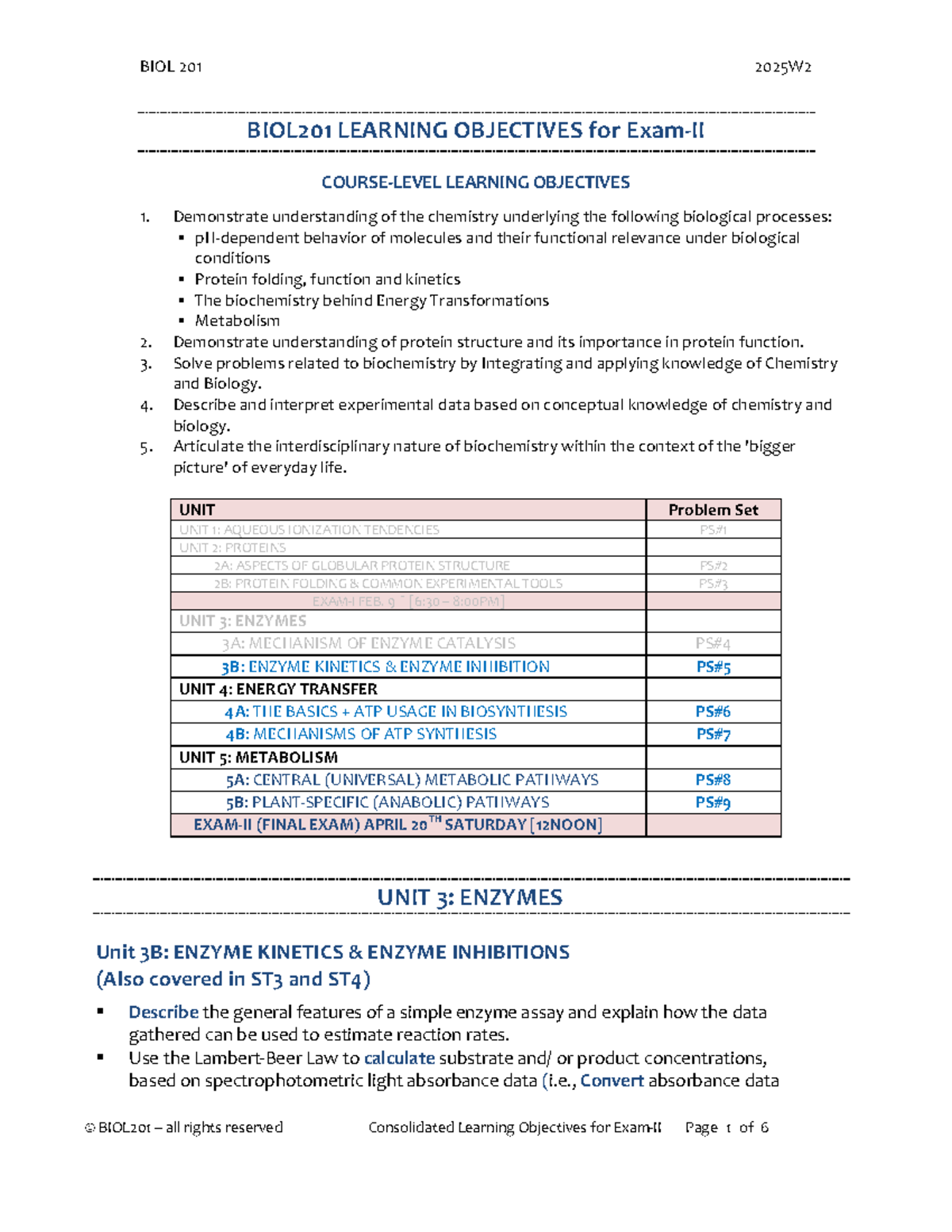 BIOL 201 2025W2 Consolidated Learning Objectives for Exam II - Studocu
