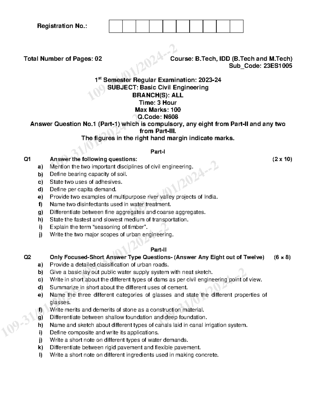 Basic Civil Engineering Exam Paper 1st Sem 23ES1005 Btech & Mtech - Studocu