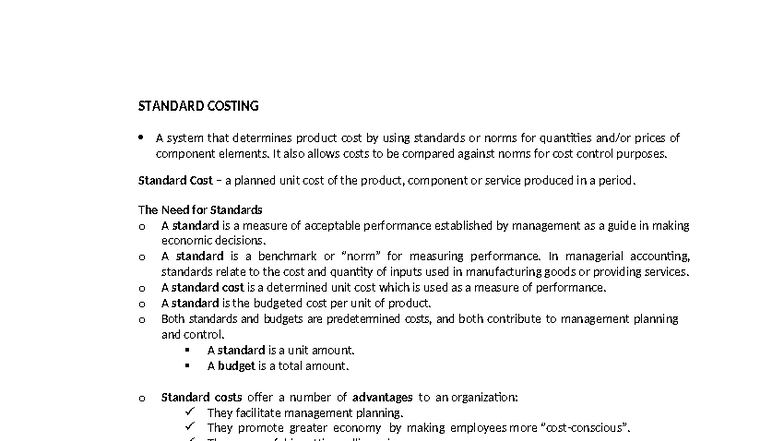 Standard Costing (ACCT 101): Key Concepts and Variance Analysis - Studocu