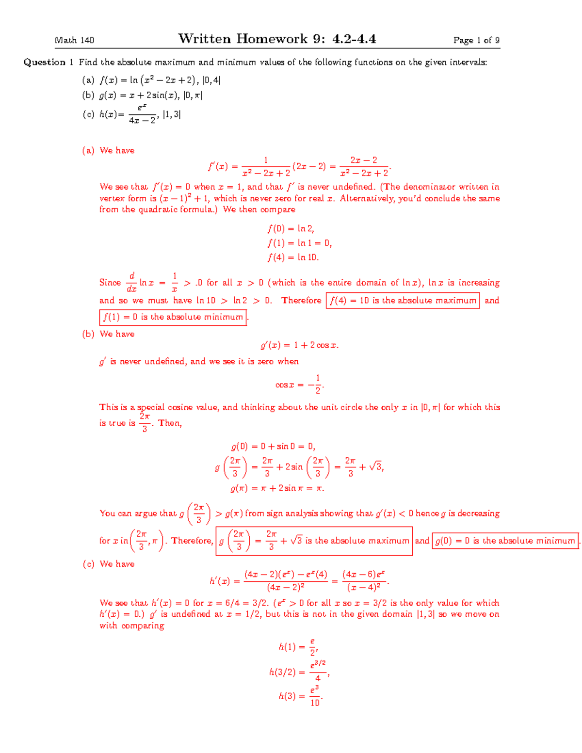 Homework 9 Solutions: Math 140 - Finding Extrema and Analyzing ...