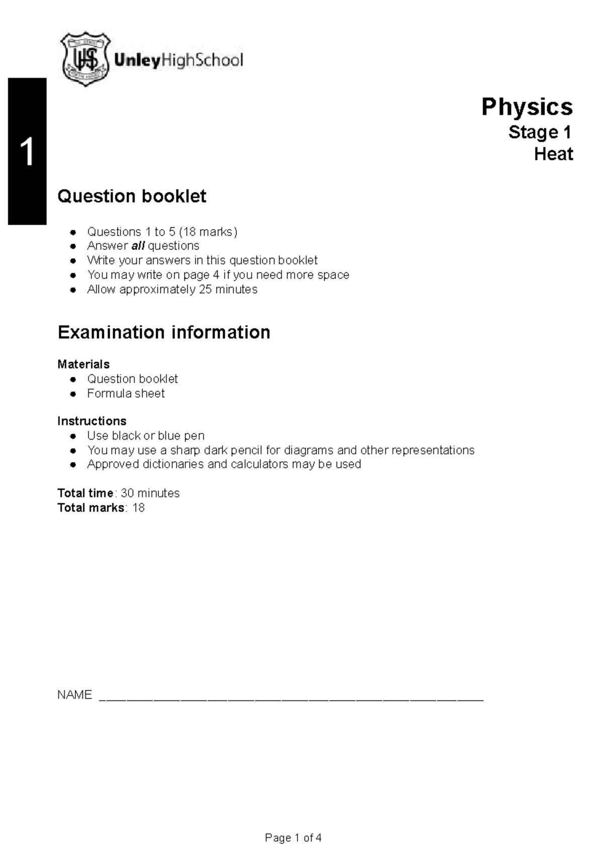 Physics Stage 1 Heat Practice Test Questions 1-5 (18 Marks) - Studocu