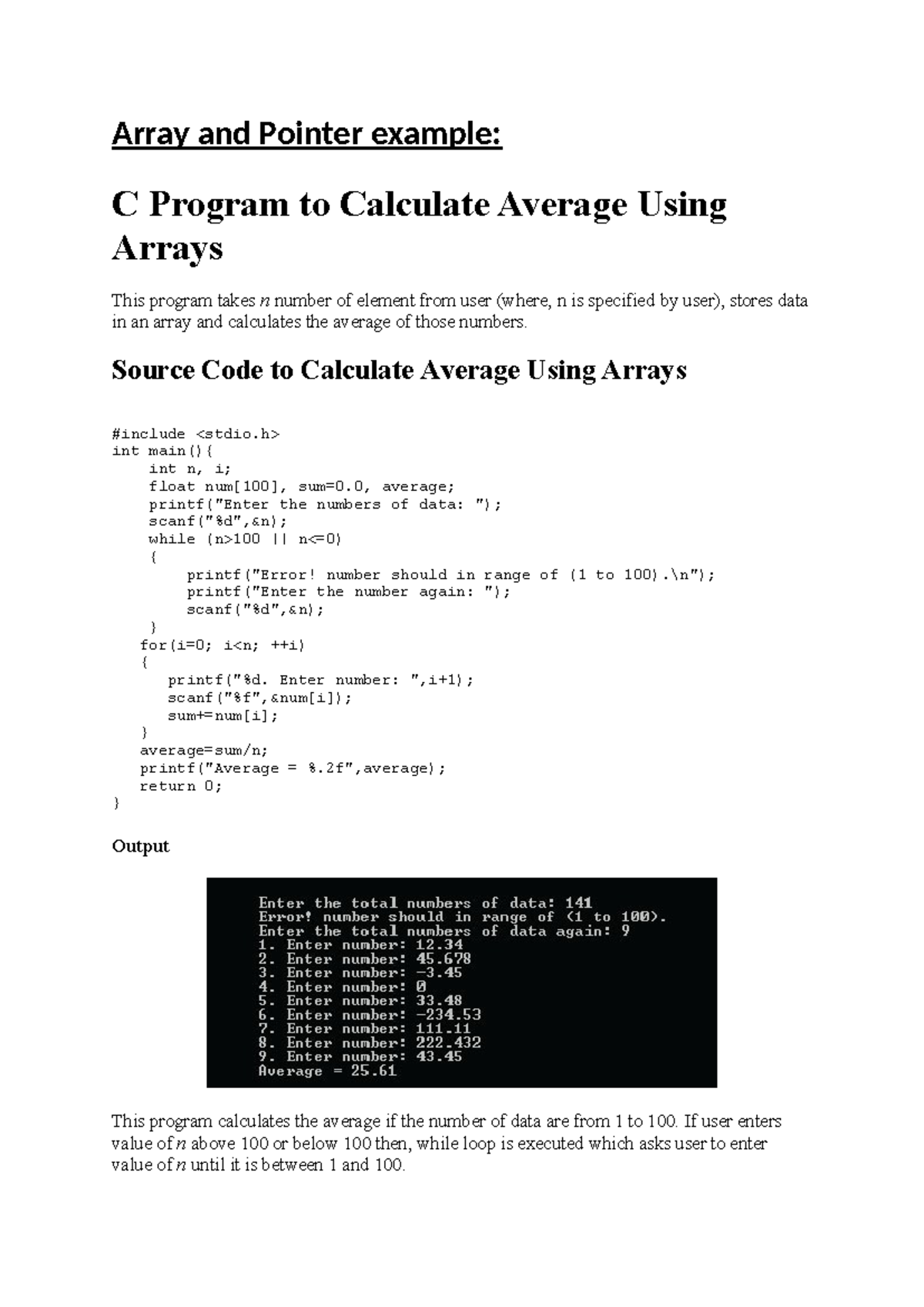 Array and pointer example - Source Code to Calculate Average Using ...