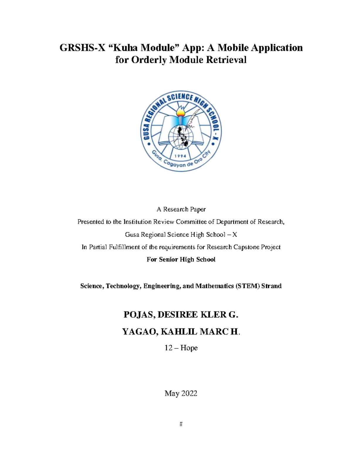 "Research Capstone Project: GRSHS-X Kuha Module App for Module Tracking ...