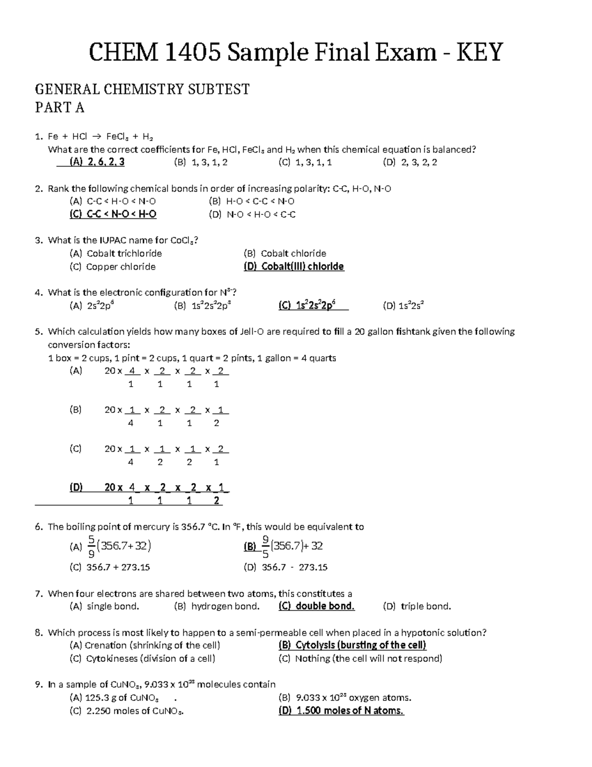CHEM 1405 Sample Final Exam Answer Key - Studocu